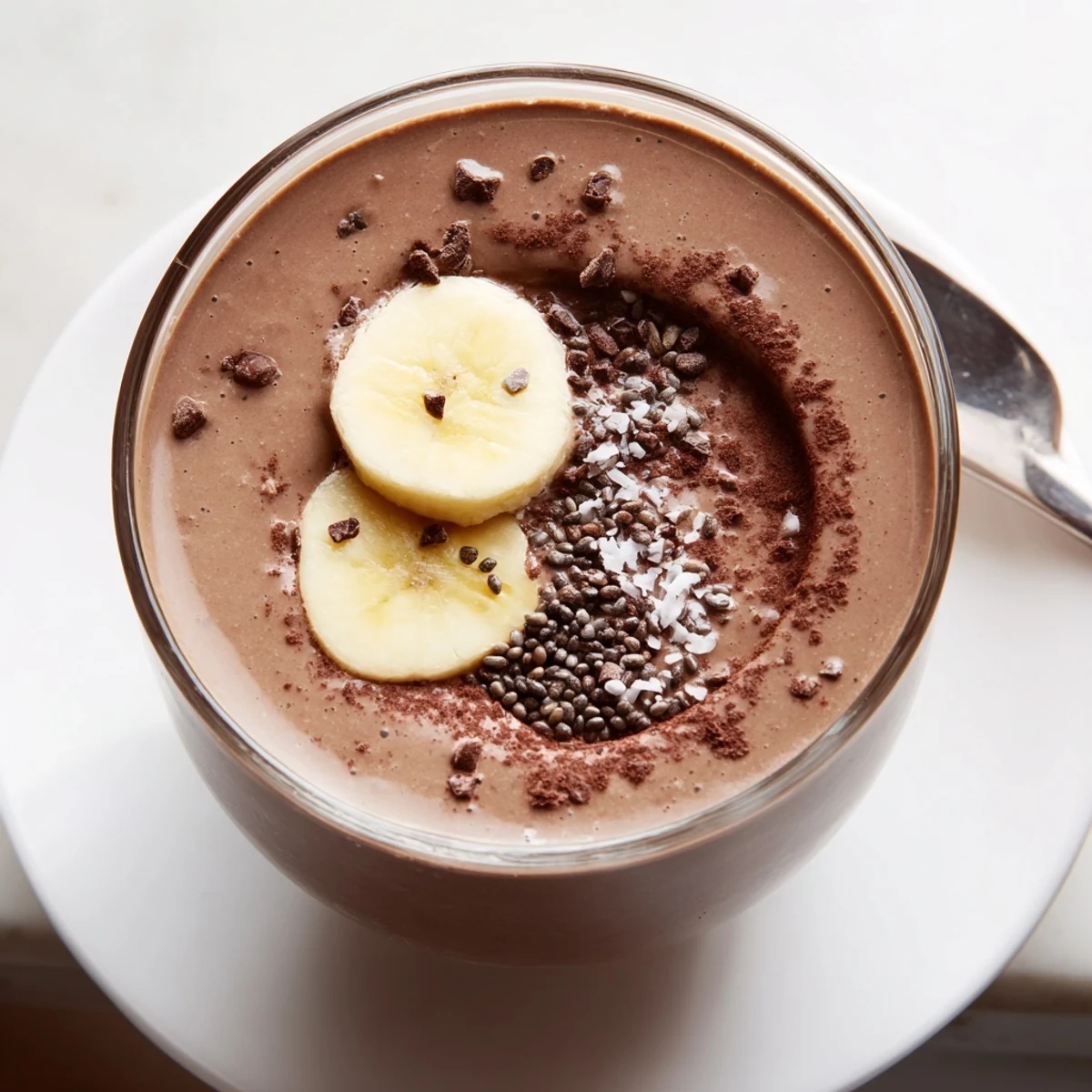 Creamy Raw Chocolate Banana Shake in glass, garnished with sliced banana and cacao nibs