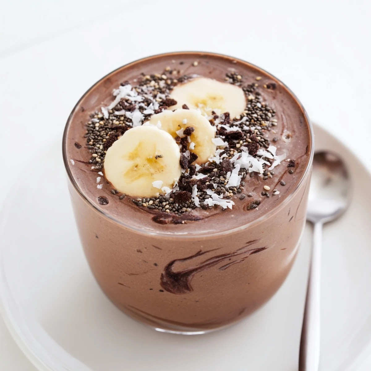 Velvety Raw Chocolate Banana Shake blended with almond milk, served cold breakfast treat