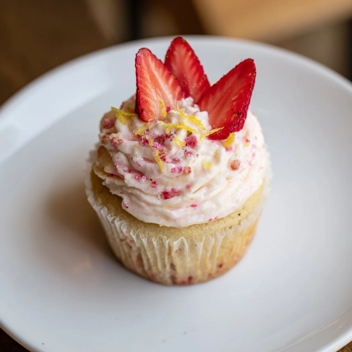 Strawberry Lemonade Cupcakes topped with zesty buttercream and sugared strawberry slices