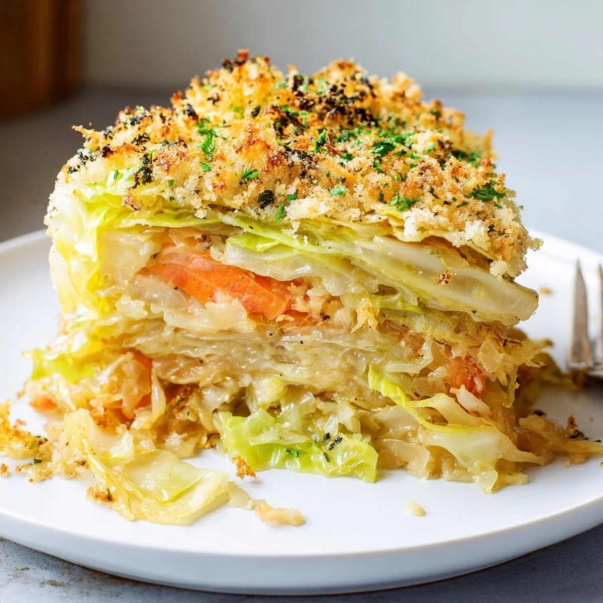 Sliced Slow Roasted Cabbage And Sauerkraut Casserole served with rye bread and mustard