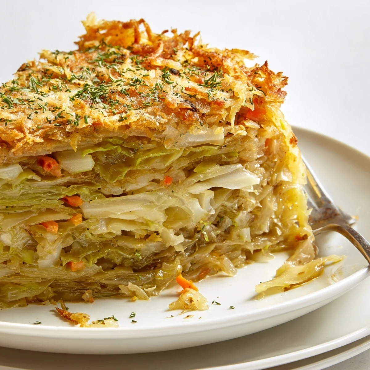 Warm Slow Roasted Cabbage And Sauerkraut Casserole with golden breadcrumb crust steaming