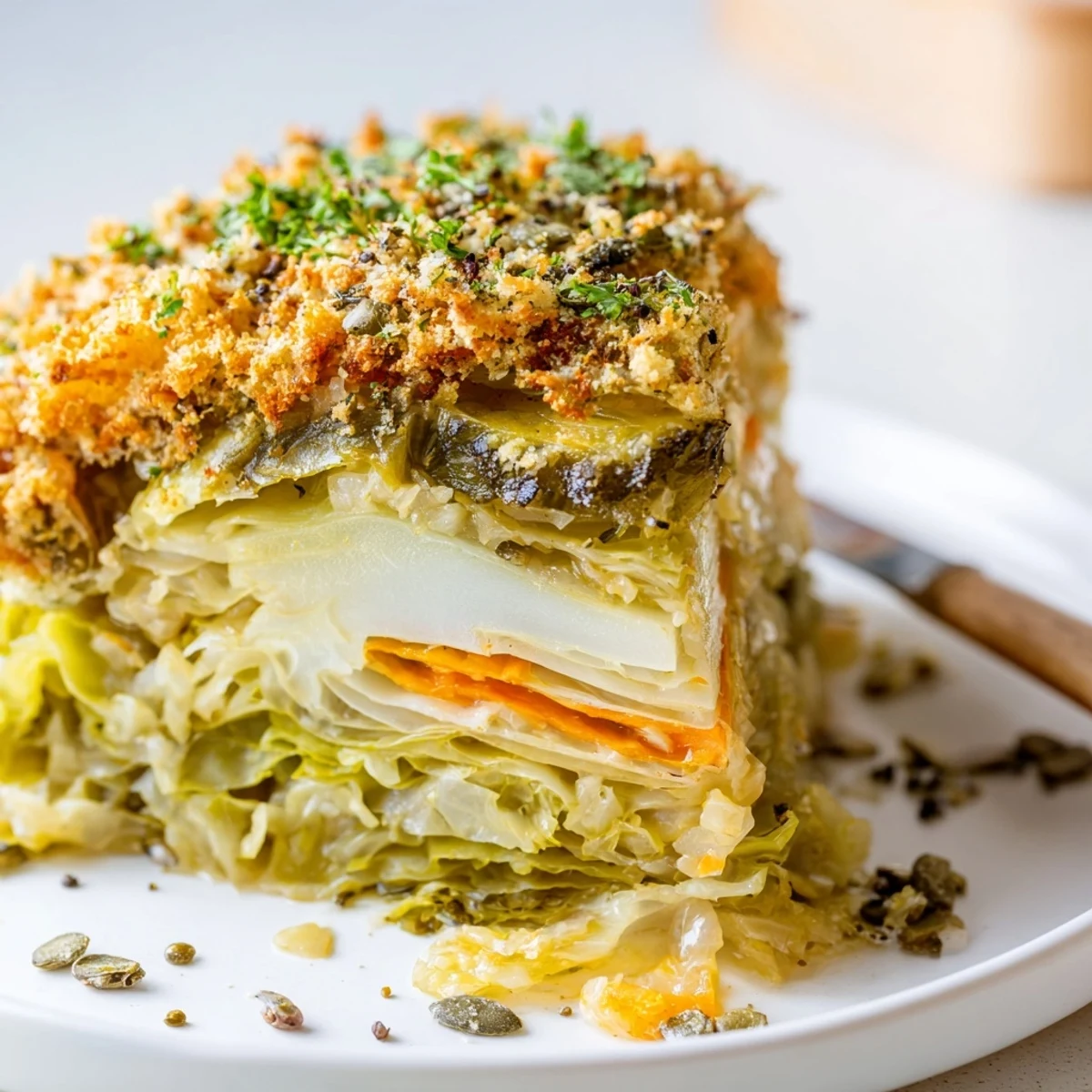 Creamy, herb-scented Slow Roasted Cabbage And Sauerkraut Casserole bubbling in baking dish