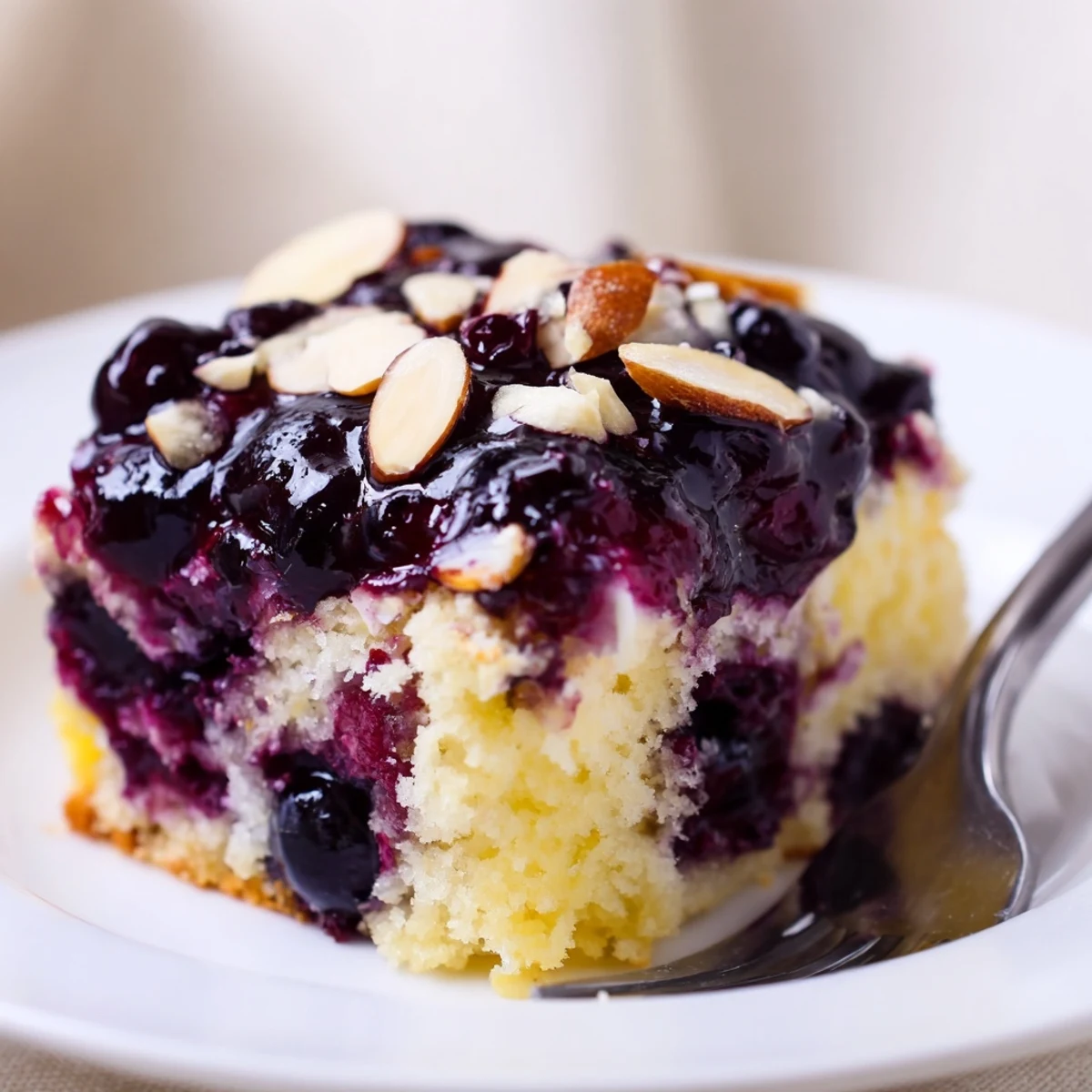 Chilled Lemon Blueberry Poke Cake With Almond Topping dusted with lemon zest