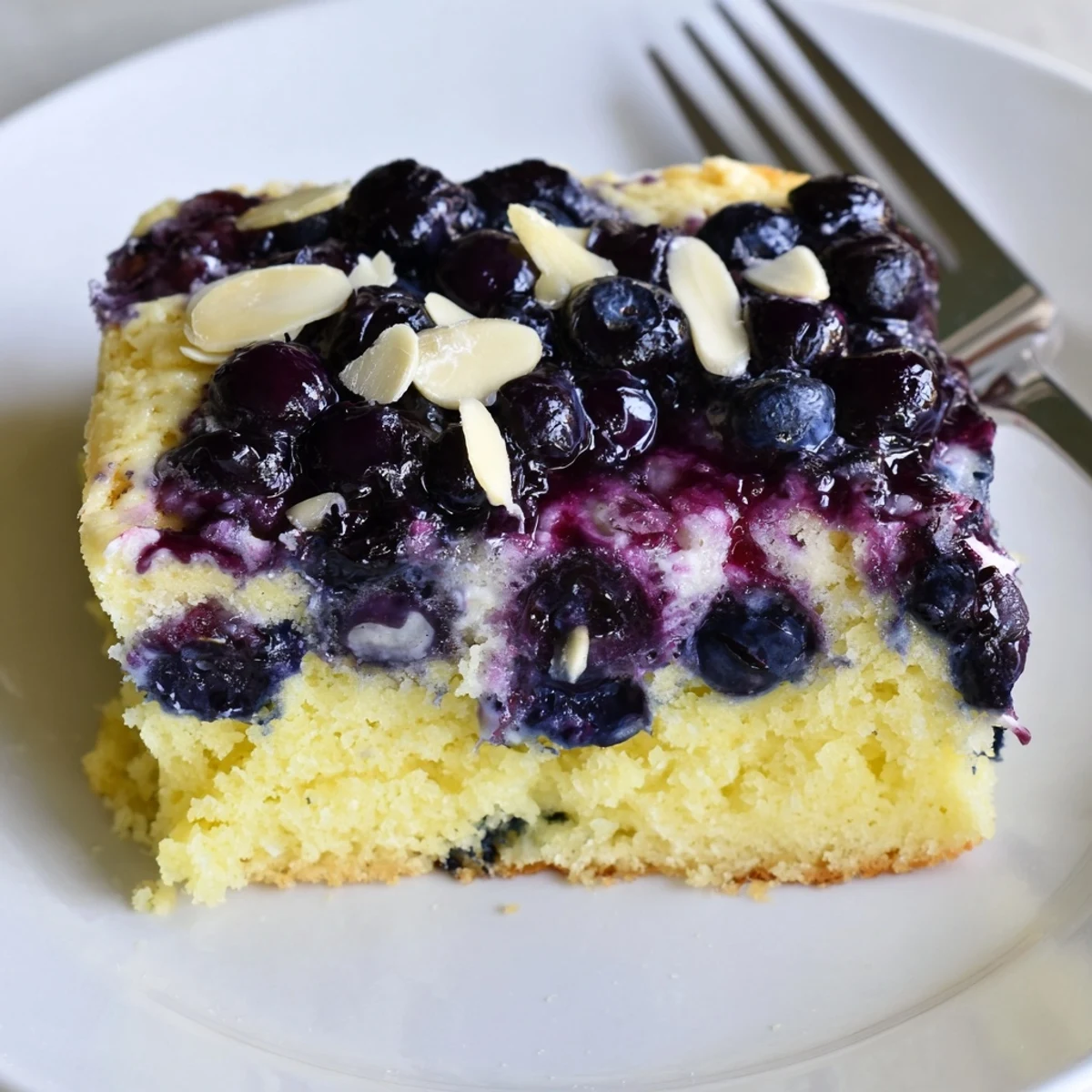 Lemon Blueberry Poke Cake With Almond Topping, moist slice with glossy blueberry pockets