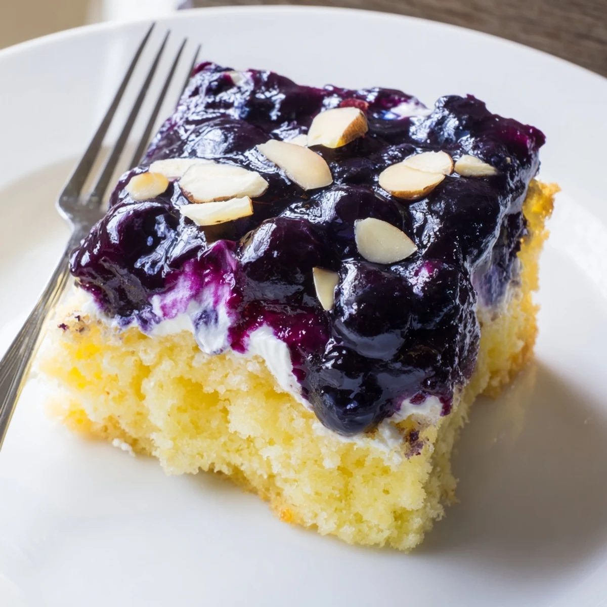 Lemon Blueberry Poke Cake With Almond Topping topped with whipped cream and toasted almonds