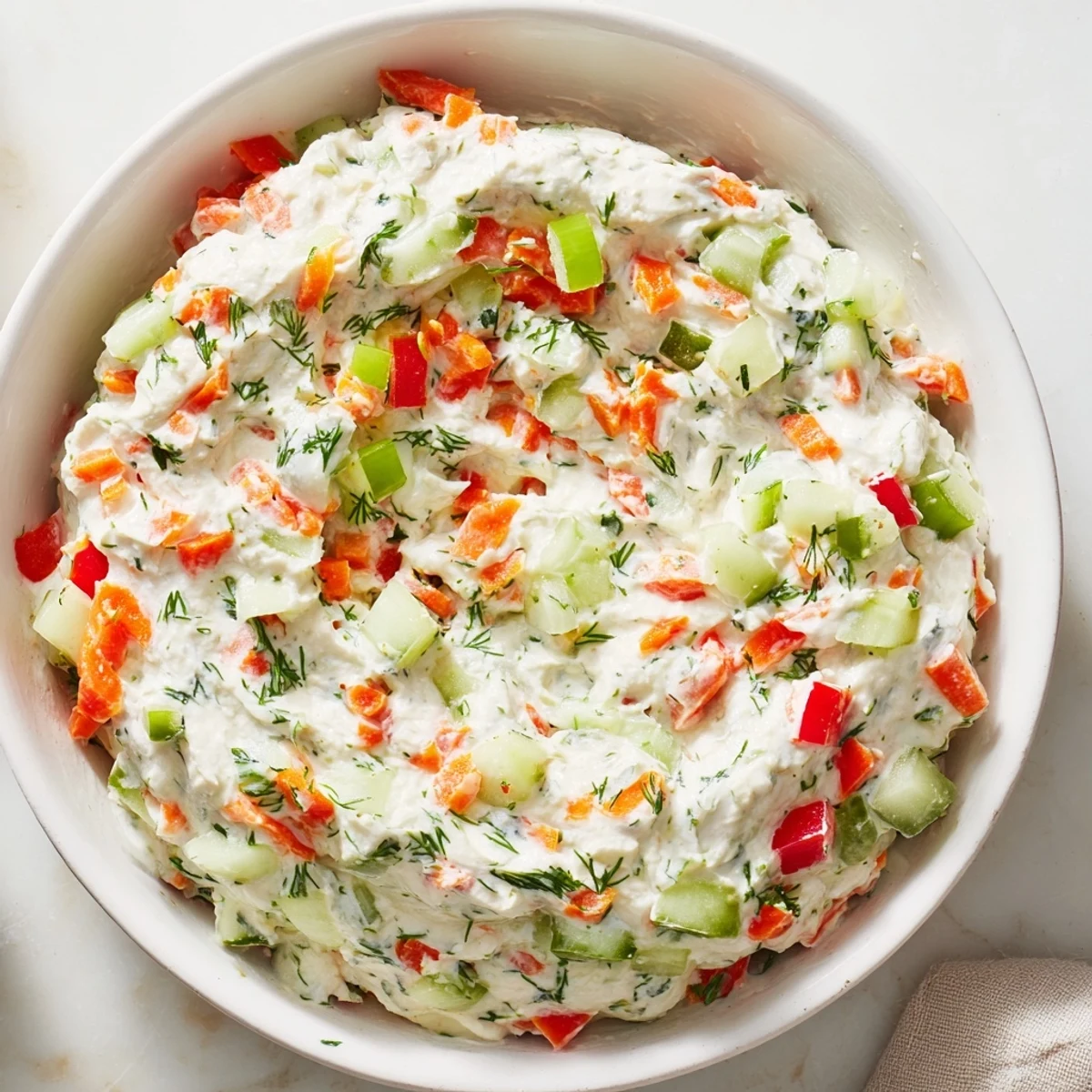 Chilled Garden Vegetable Spread Recipe spooned onto toasted baguette, tangy lemon hint.