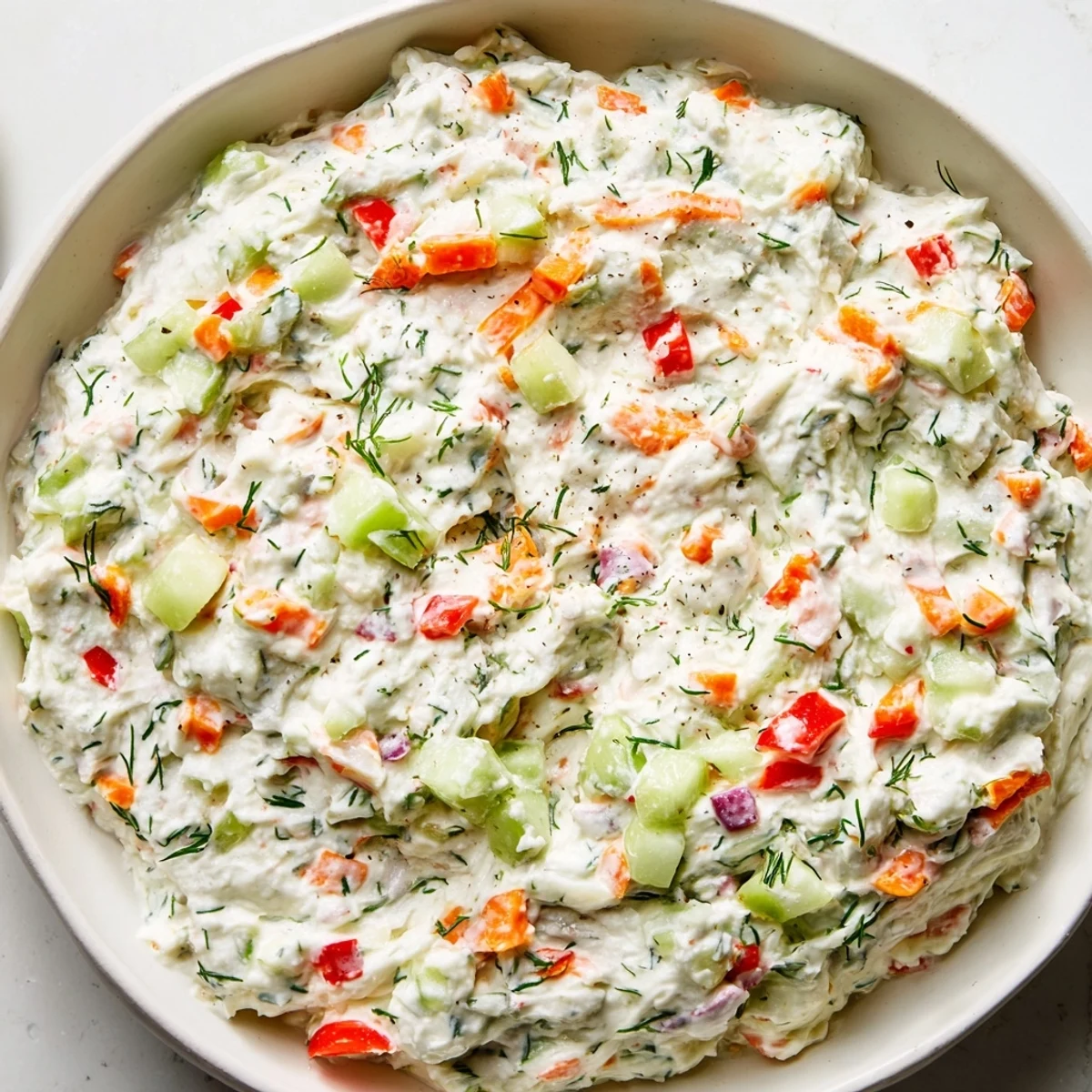 Garden Vegetable Spread Recipe: creamy, herb-studded dip served with crisp crackers.