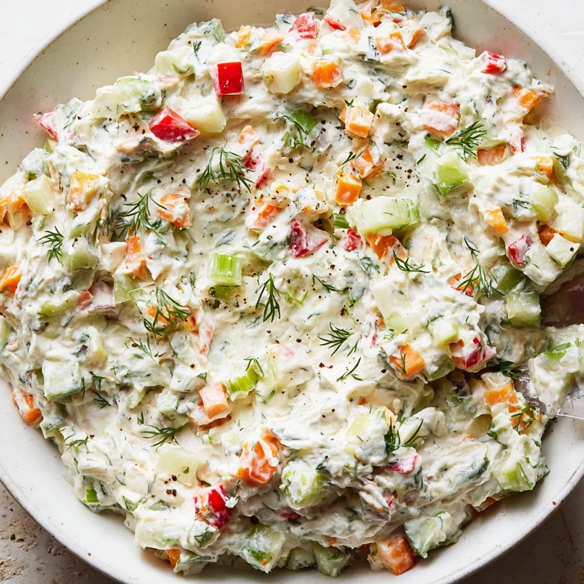 Bright, crunchy Garden Vegetable Spread Recipe folded into cream cheese for sandwiches.