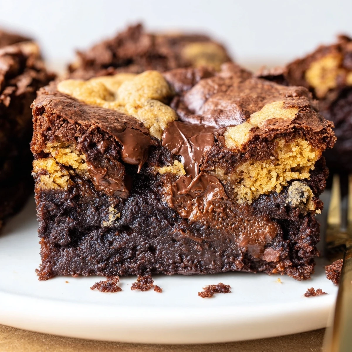 Sliced Fudgy Chewy Brookies Recipe served with melting vanilla ice cream, crumbly edges
