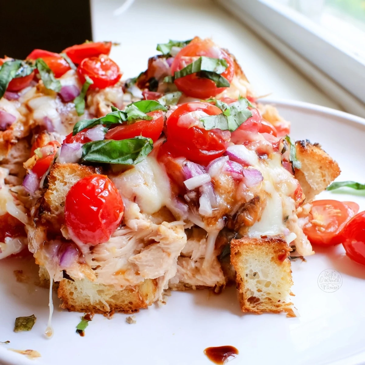Golden baked chicken bruschetta casserole with melted mozzarella and fresh basil on top
