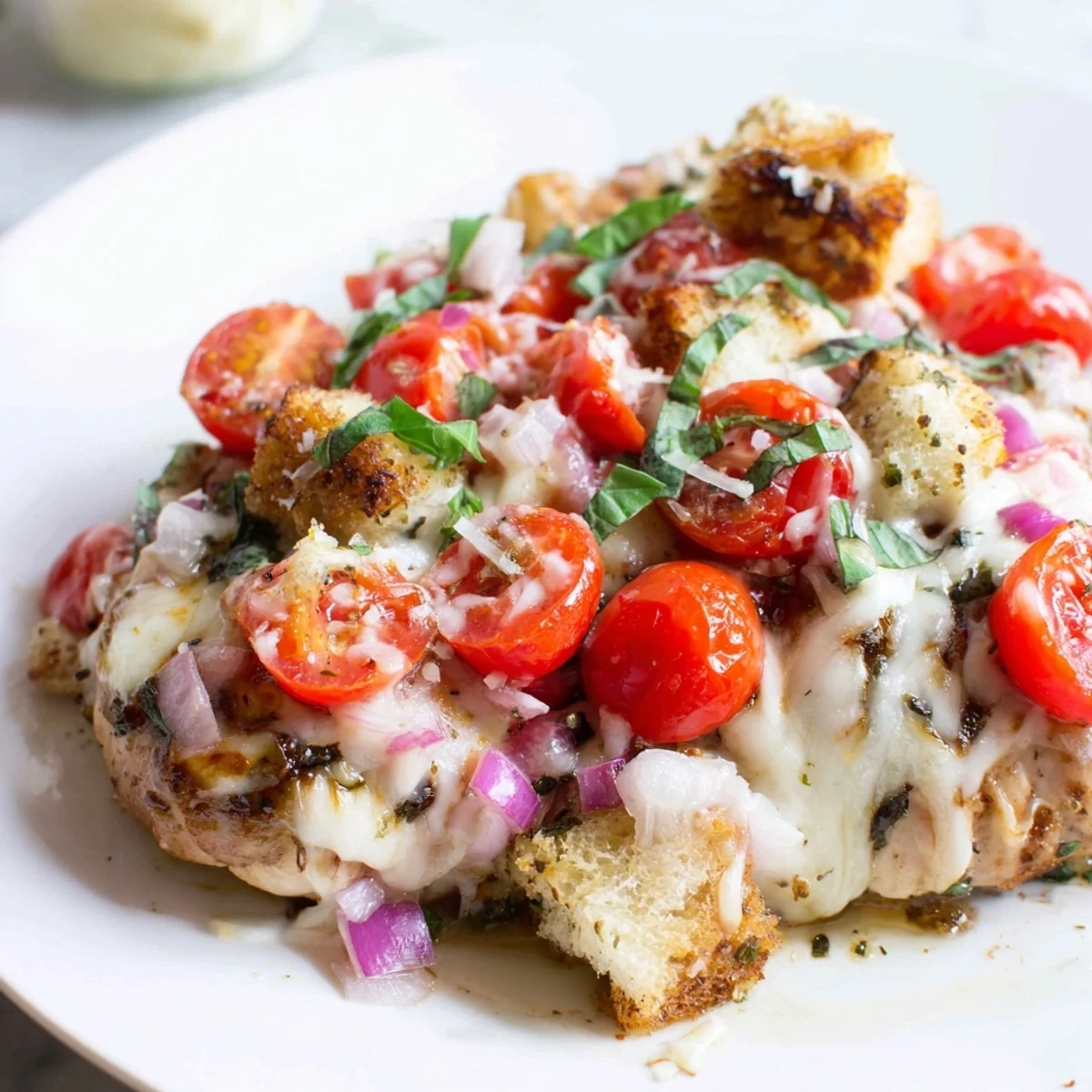 Juicy chicken bruschetta casserole topped with roasted tomatoes and bubbly parmesan cheese