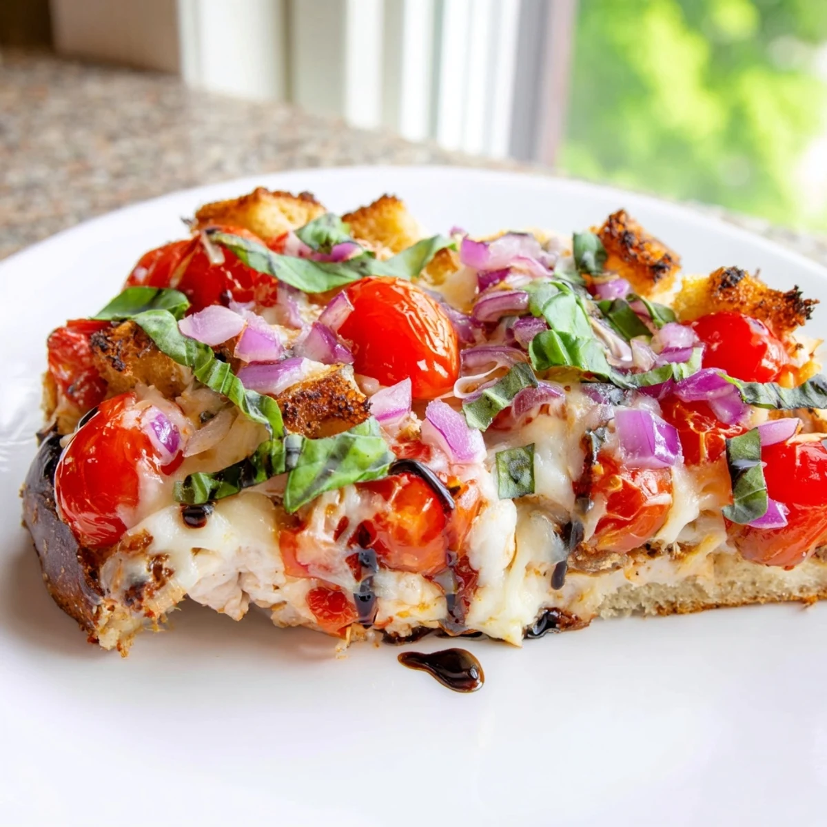 Warm chicken bruschetta casserole fresh from the oven with crispy bread and vibrant tomatoes