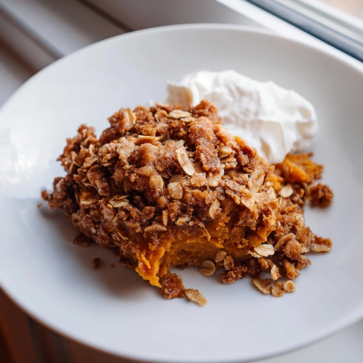 Creamy pumpkin pie crisp with golden oat crumble fresh from the oven