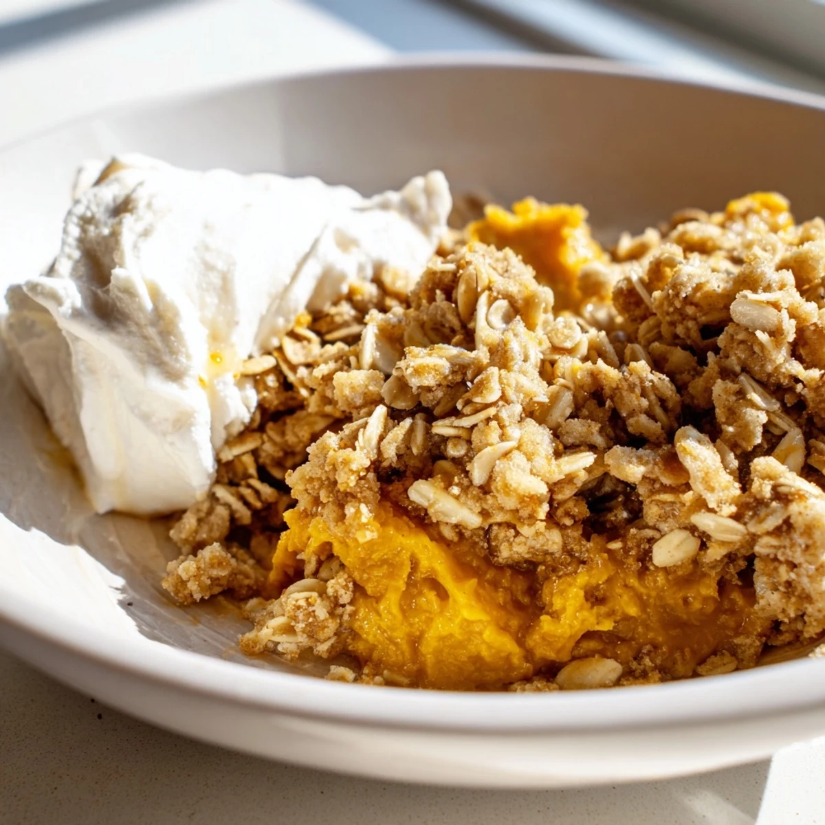 Spiced pumpkin pie crisp topped with buttery crumbly oats in a baking dish