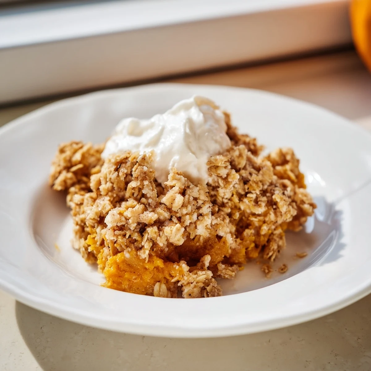 Warm pumpkin pie crisp scooped into a bowl with melty ice cream