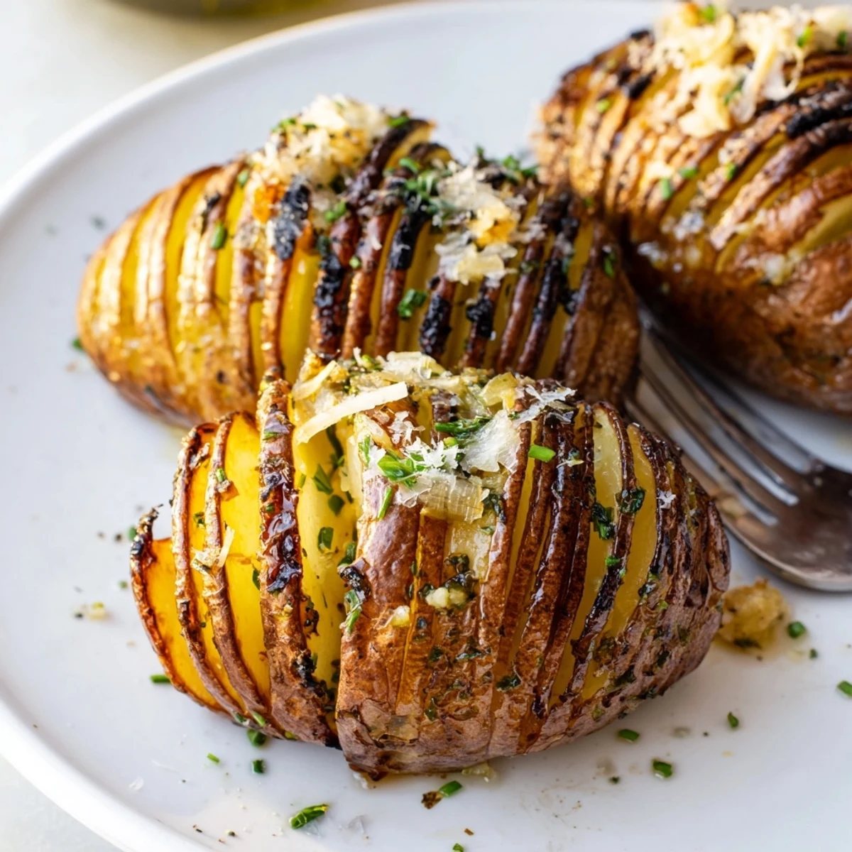 Crispy grilled Hasselback potatoes fanned open and drizzled with melted herb butter
