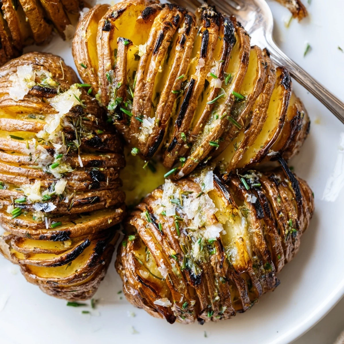 Golden grilled Hasselback potatoes with garlic butter and herbs on a platter