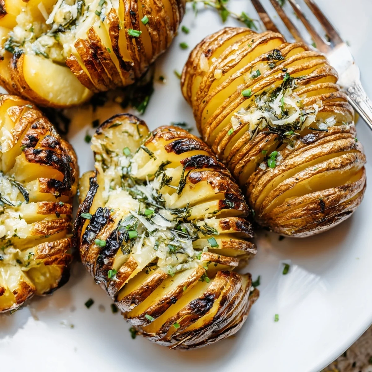 Tender grilled Hasselback potatoes topped with Parmesan cheese and fresh chives
