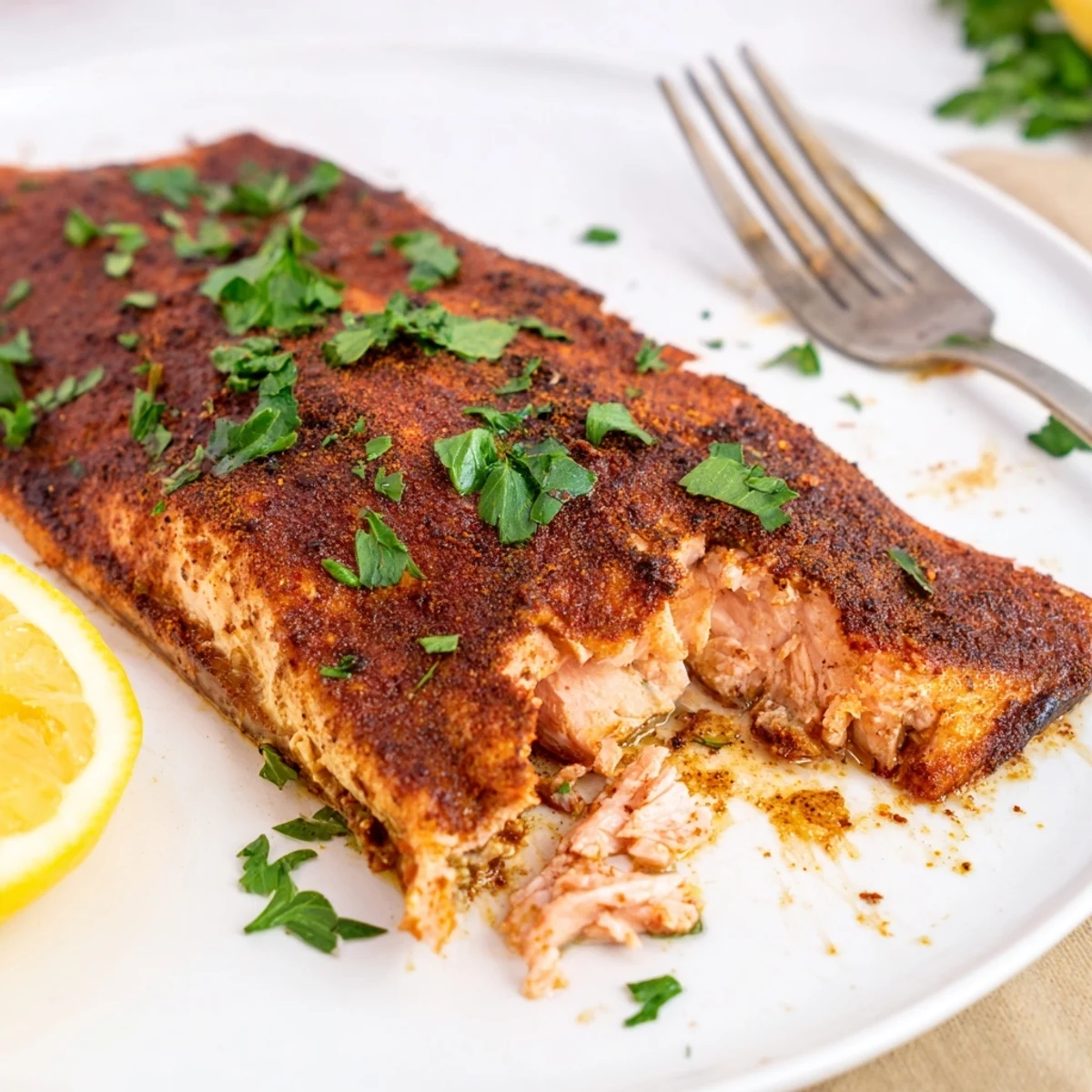 Golden Oven Baked Cajun Salmon fillets garnished with fresh parsley and lemon wedges on a rustic baking sheet