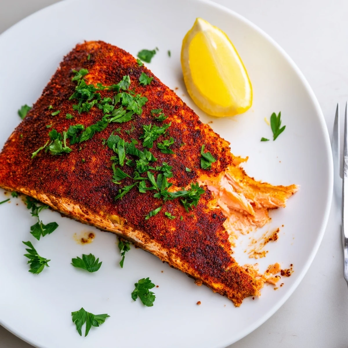 Spicy Oven Baked Cajun Salmon with a crispy pepper crust served on a white plate alongside roasted vegetables