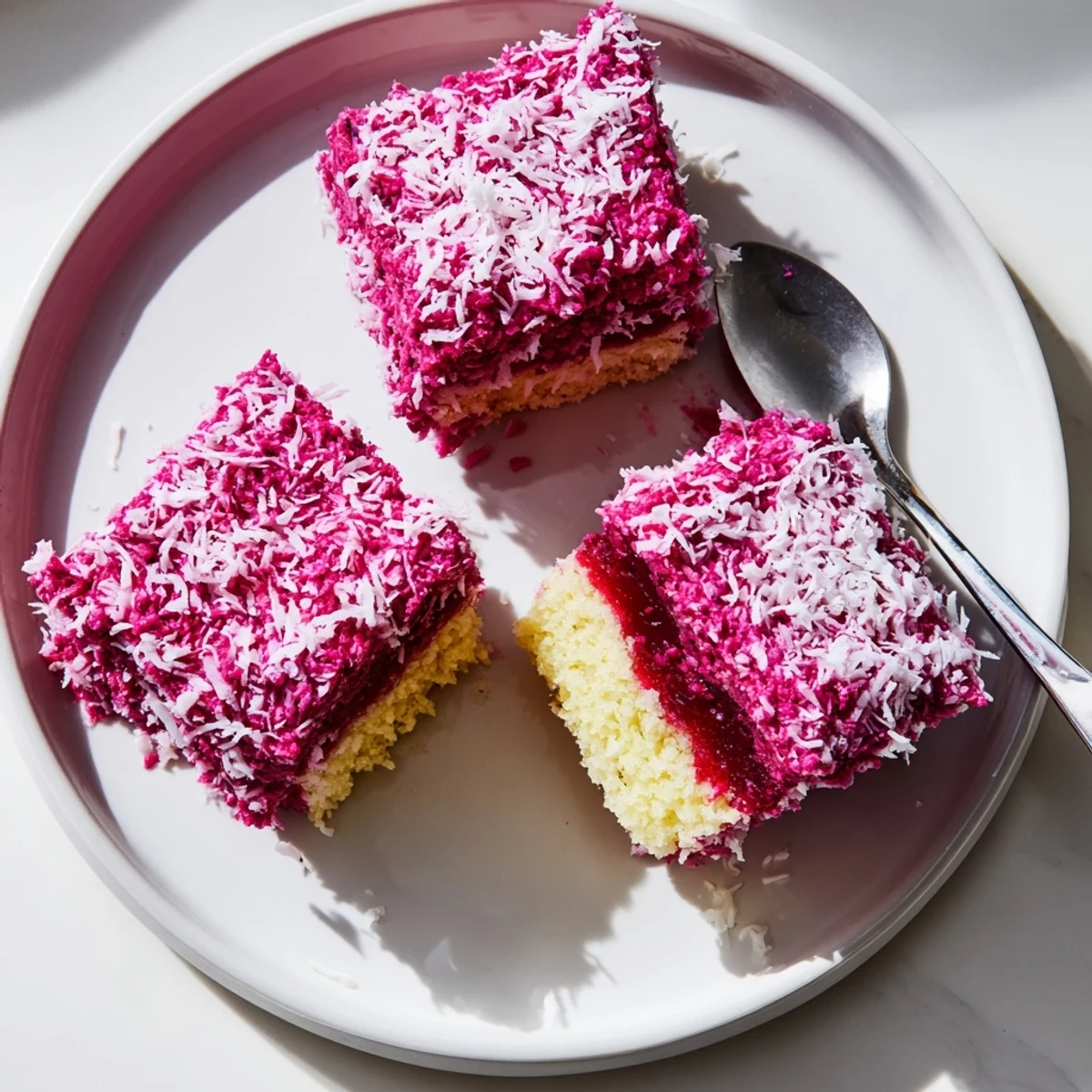 Pink raspberry lamingtons coated in coconut on a white serving plate