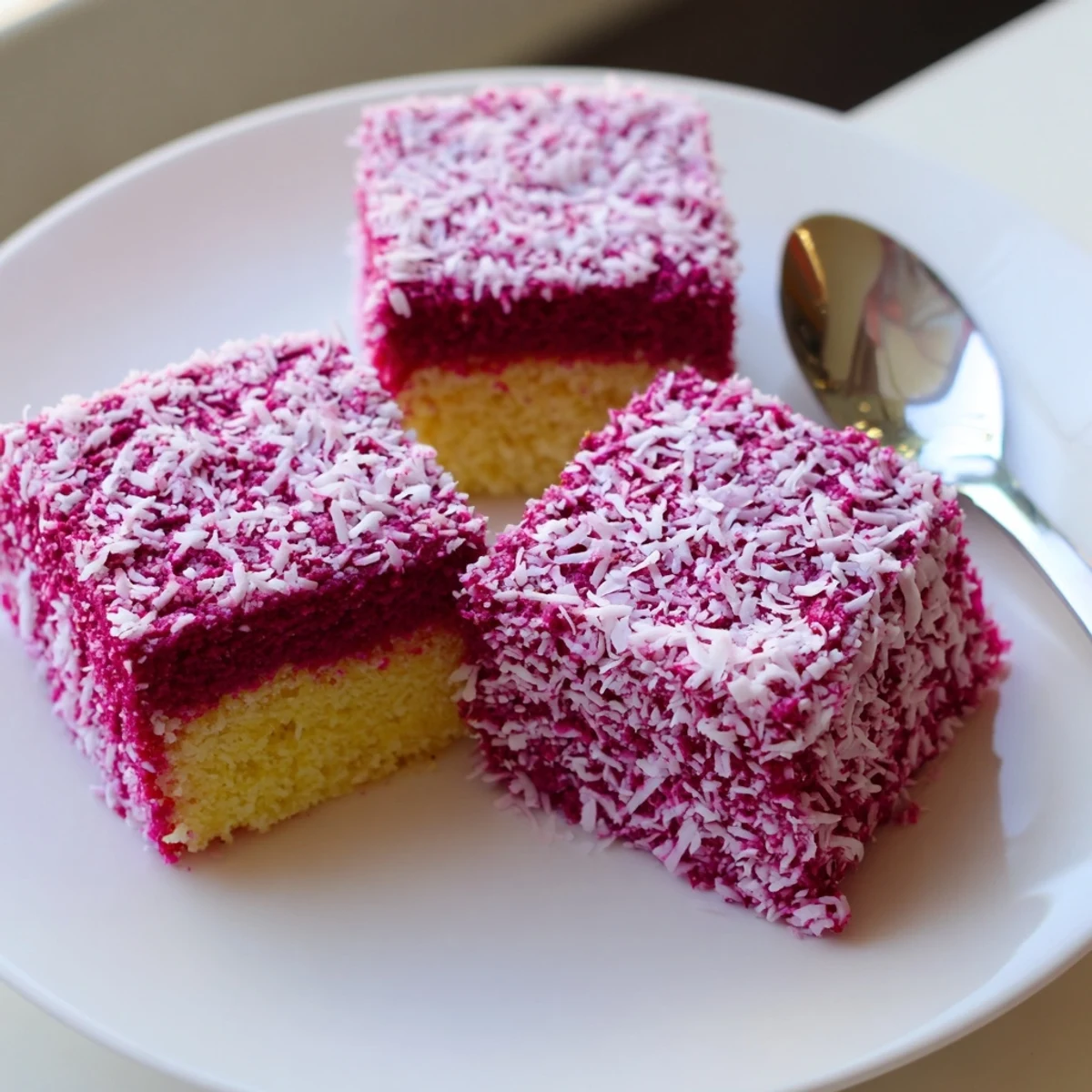 Homemade raspberry lamingtons with vibrant berry glaze dusted in flaky coconut on parchment paper