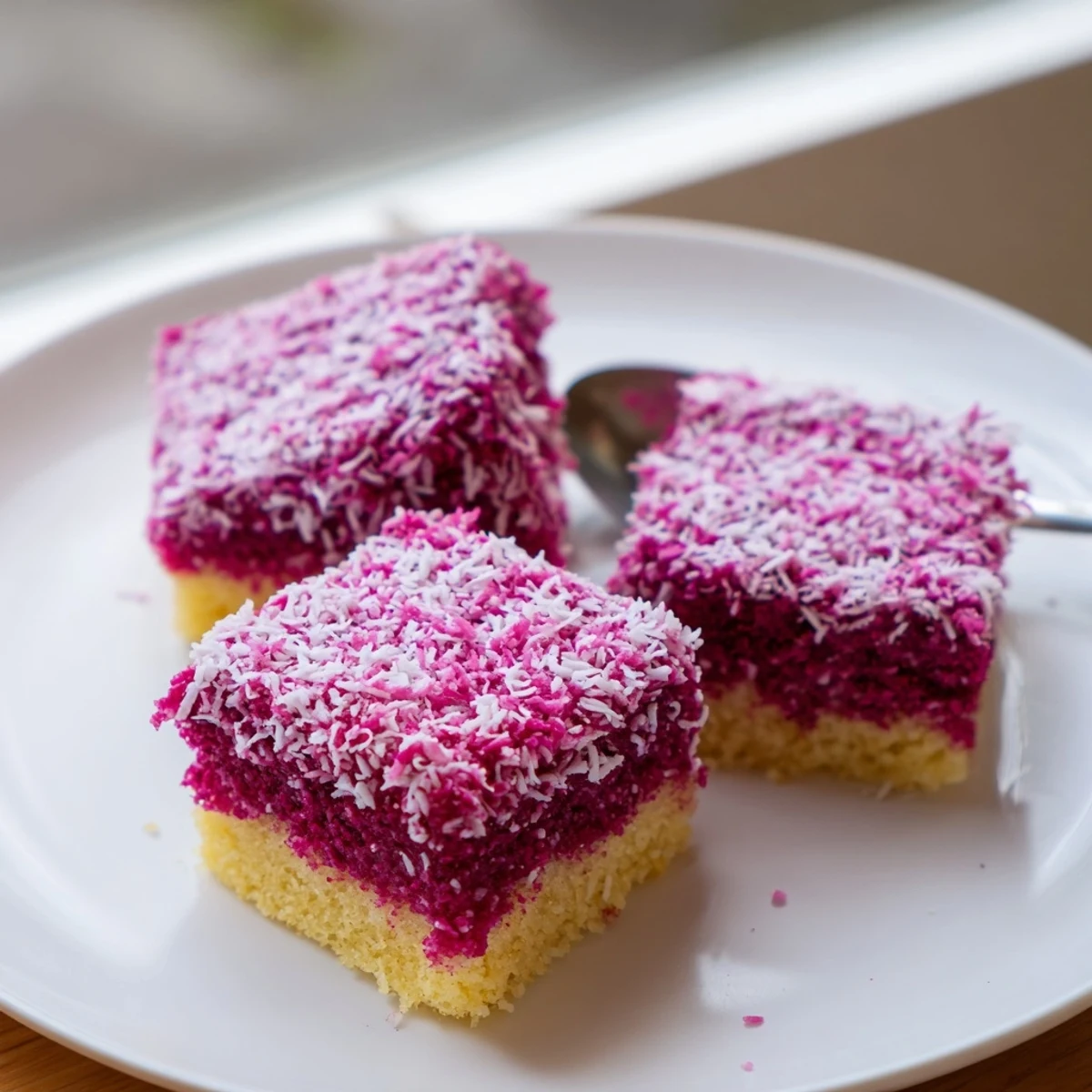 Fluffy sponge cake squares dipped in bright raspberry icing and rolled in shredded coconut