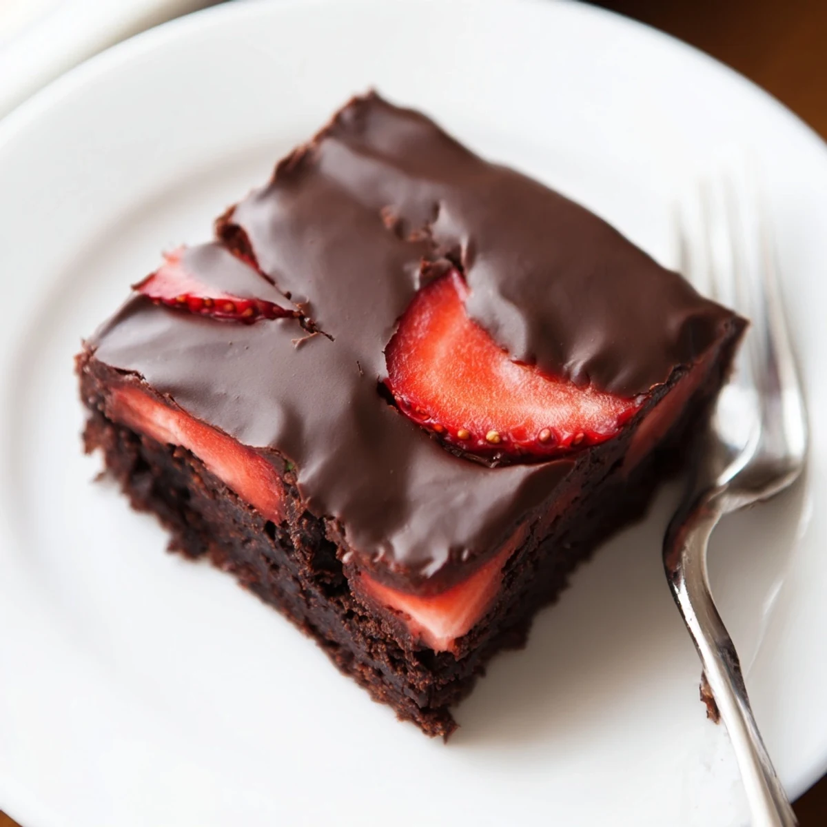 Rich chocolate covered strawberry brownies with a glossy shell and fresh berry layer