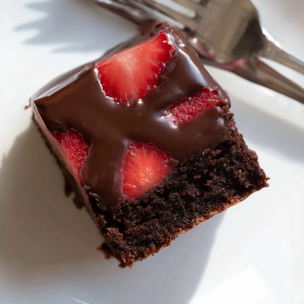 Fudgy chocolate covered strawberry brownies sliced into decadent squares with juicy strawberries