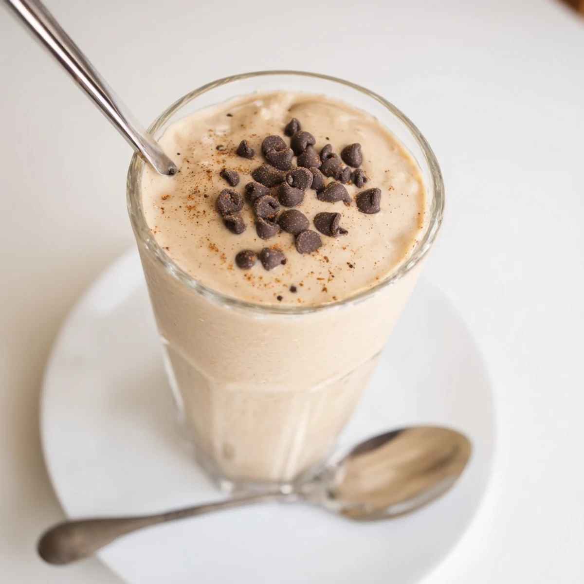 Thick oatmeal cookie dough protein smoothie topped with mini chocolate chips in a glass