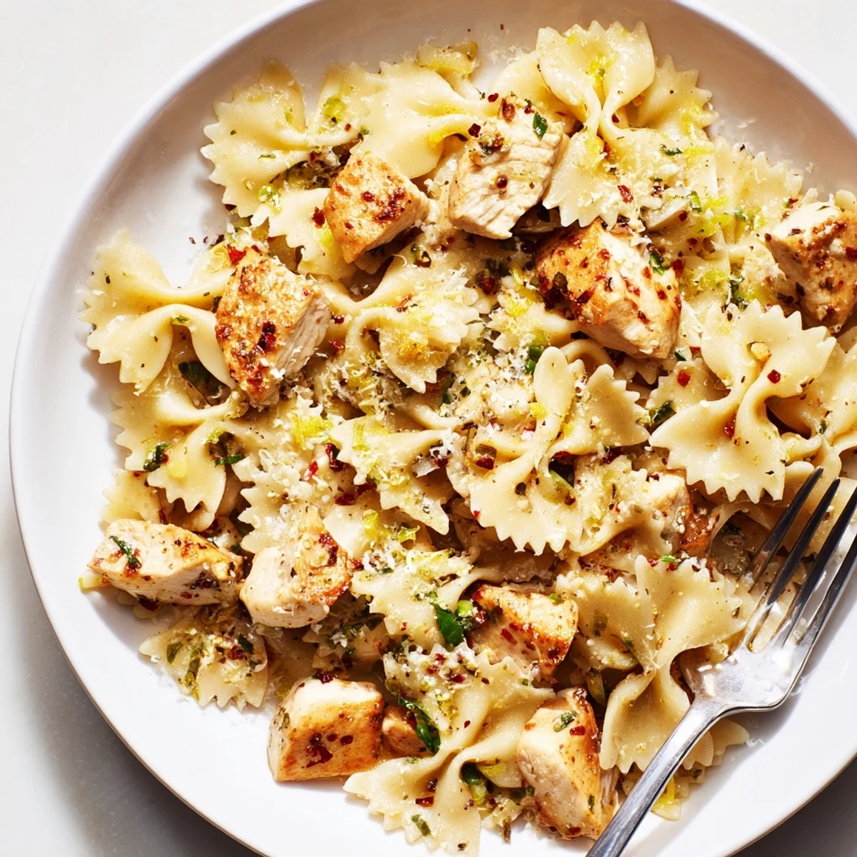 Golden seared chicken and bowtie pasta coated in cowboy butter lemon sauce with fresh herbs