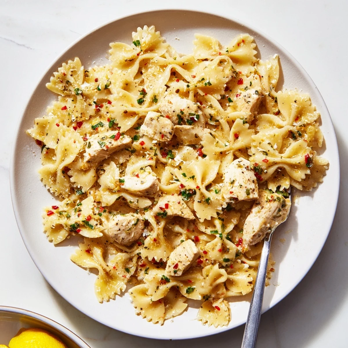 Creamy cowboy butter lemon bowtie chicken served in a rustic skillet with Parmesan garnish