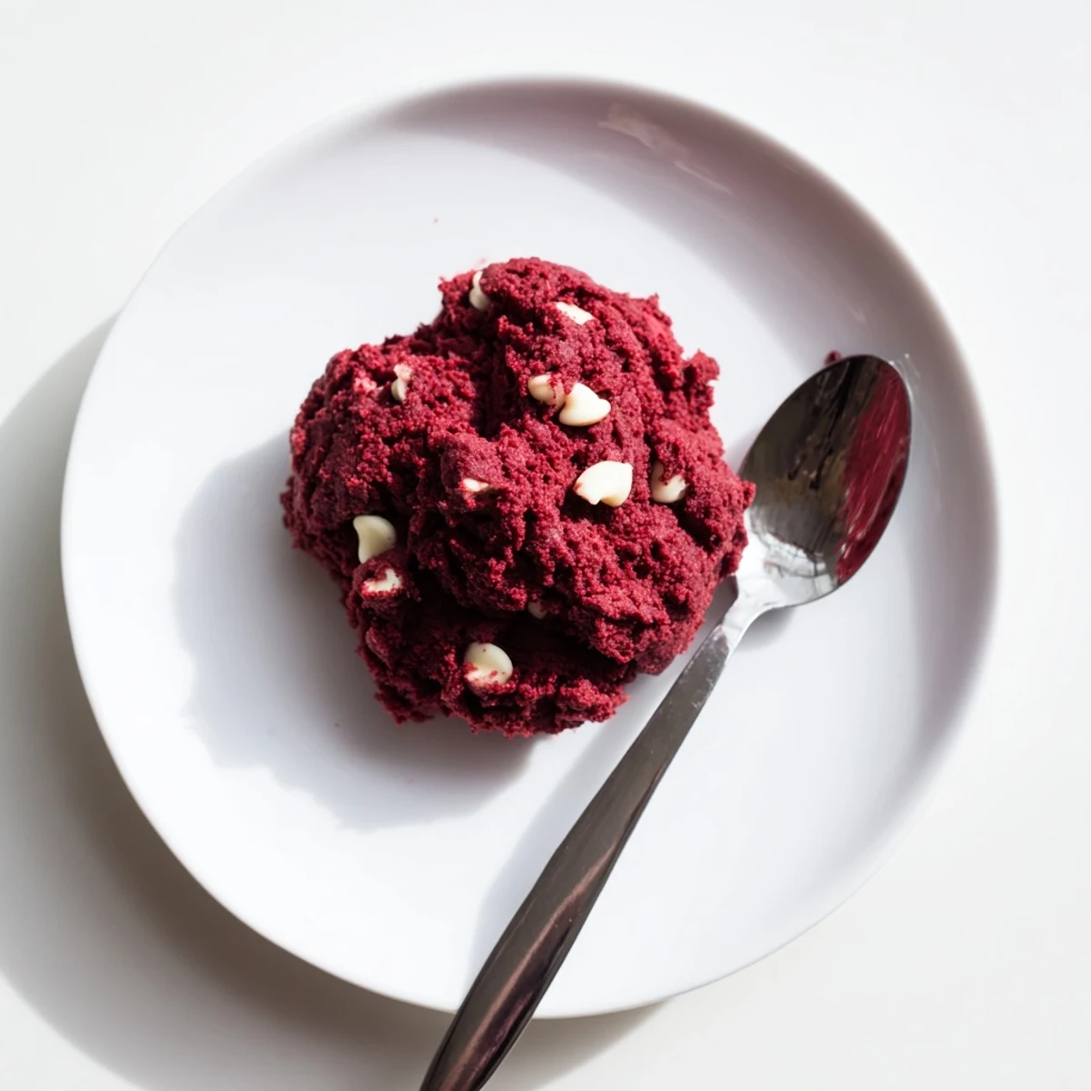 Creamy edible red velvet cookie dough studded with white chocolate chips in a bowl