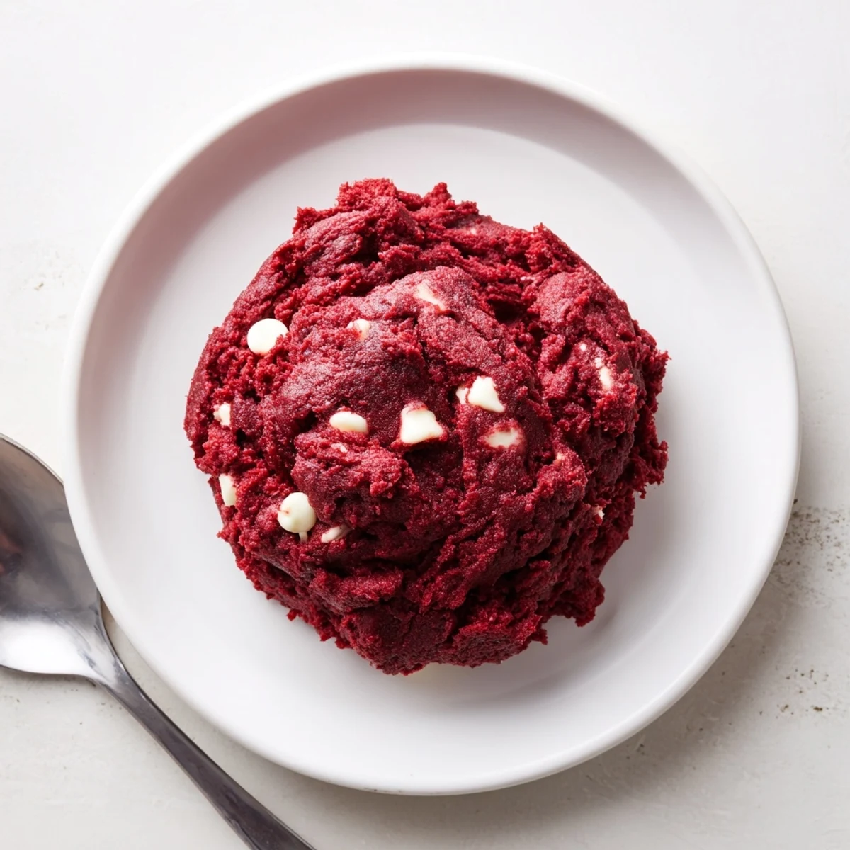 Rich edible red velvet cookie dough swirled with cocoa and speckled with chocolate chips