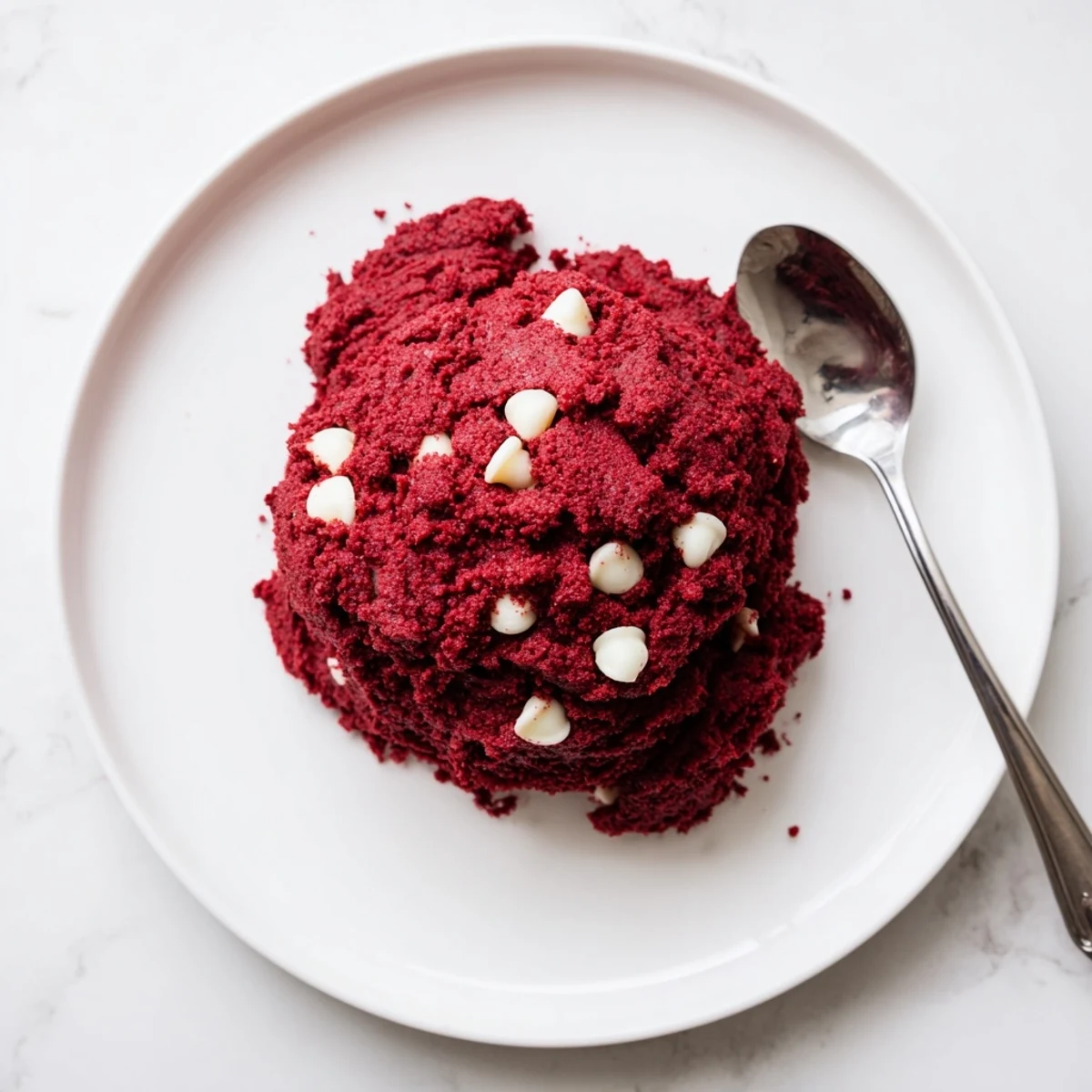 Bright red edible red velvet cookie dough scooped into bite-sized balls ready to enjoy