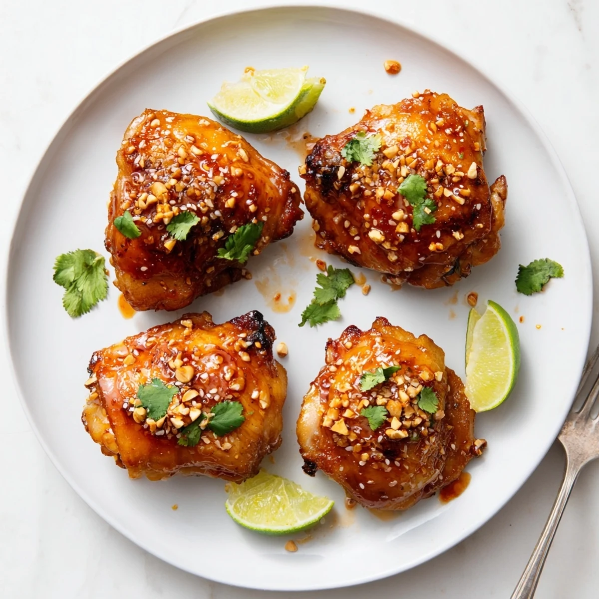 Crispy sweet chili air fryer chicken thighs glistening with a sticky glaze on a white plate