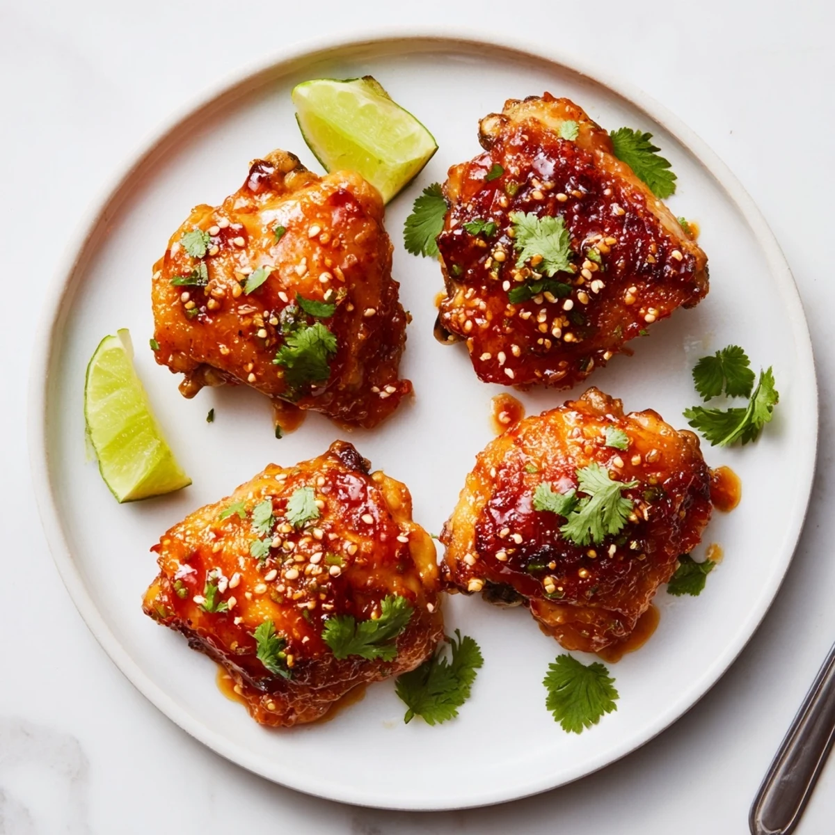 Golden sweet chili air fryer chicken thighs garnished with sesame seeds and fresh cilantro