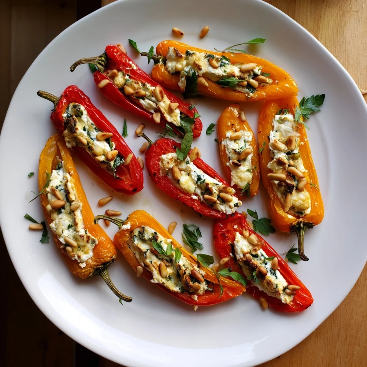 Golden roasted goat cheese stuffed mini peppers garnished with fresh herbs on a rustic baking sheet