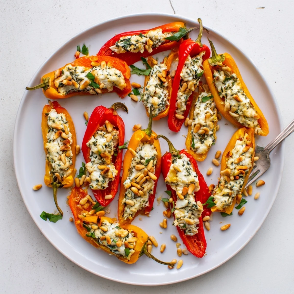 Creamy goat cheese overflowing from tender roasted mini sweet peppers drizzled with olive oil
