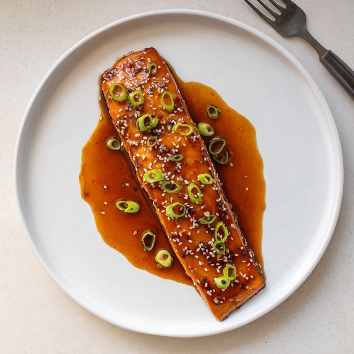 Glossy gluten free teriyaki salmon fillets garnished with sesame seeds on a white plate