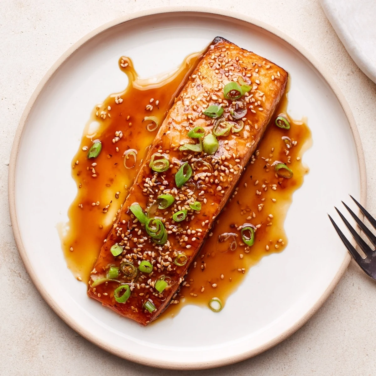 Golden baked gluten free teriyaki salmon drizzled with sticky sweet sauce and spring onions