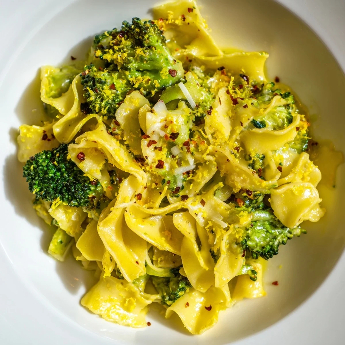 Ribbon-shaped mafaldine pasta coated in tangy lemon sauce with vibrant steamed broccoli and Parmesan
