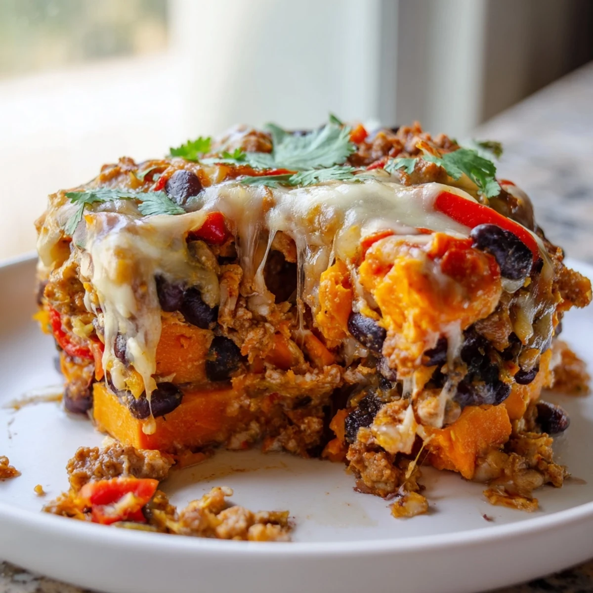 Golden bubbly sweet potato turkey black bean bake fresh from the oven with melted cheese