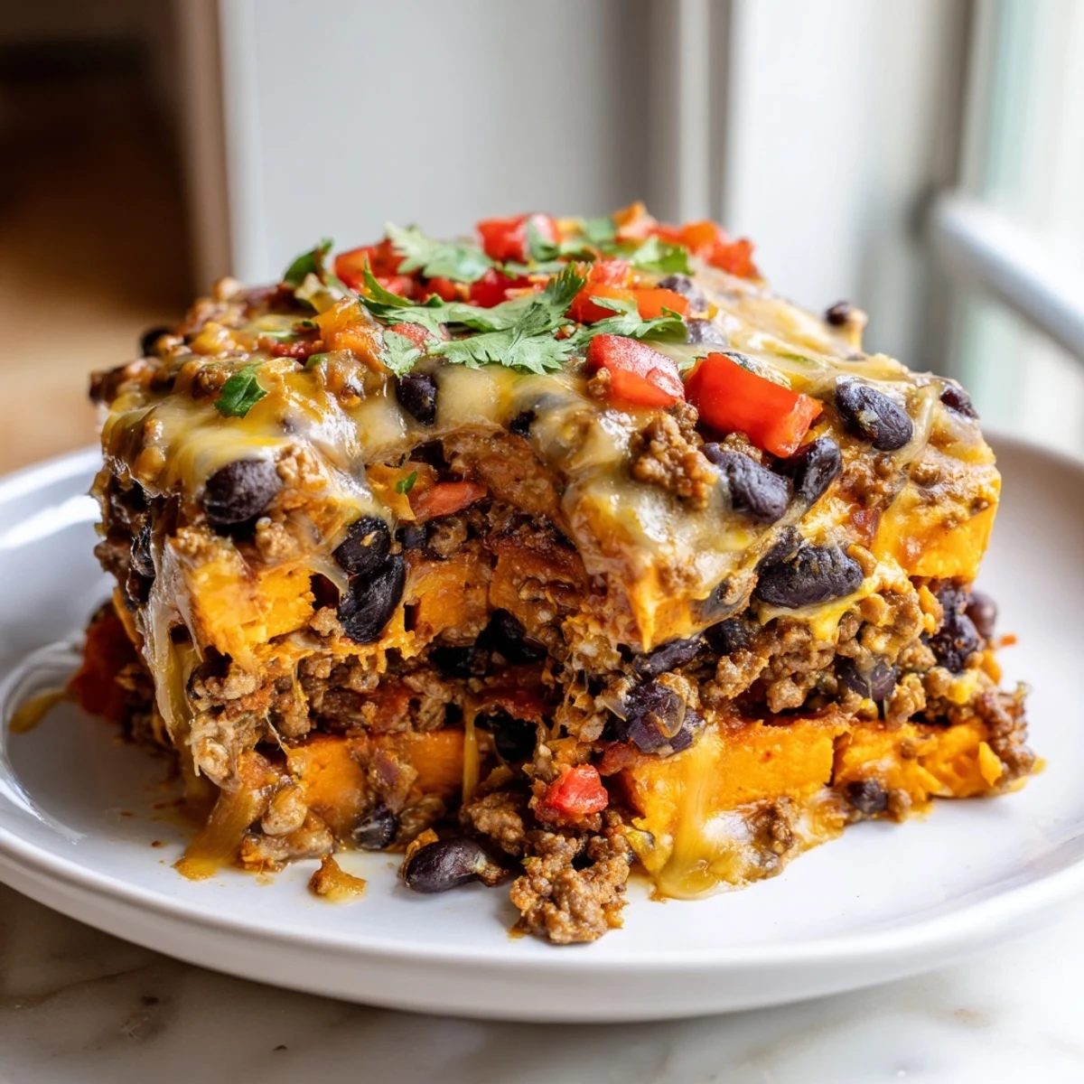 Hearty sweet potato turkey black bean bake scooped into a bowl with sour cream
