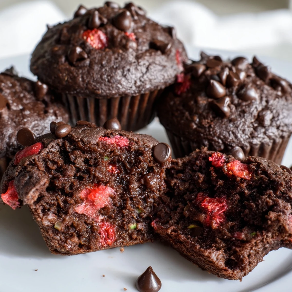 Chocolate zucchini strawberry muffins with golden domes and chocolate chips on a wire rack