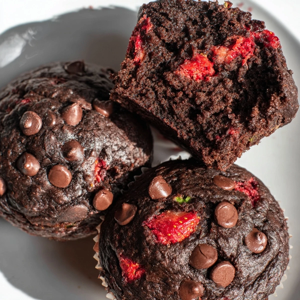 Moist chocolate zucchini strawberry muffins bursting with red berry pieces fresh from the oven