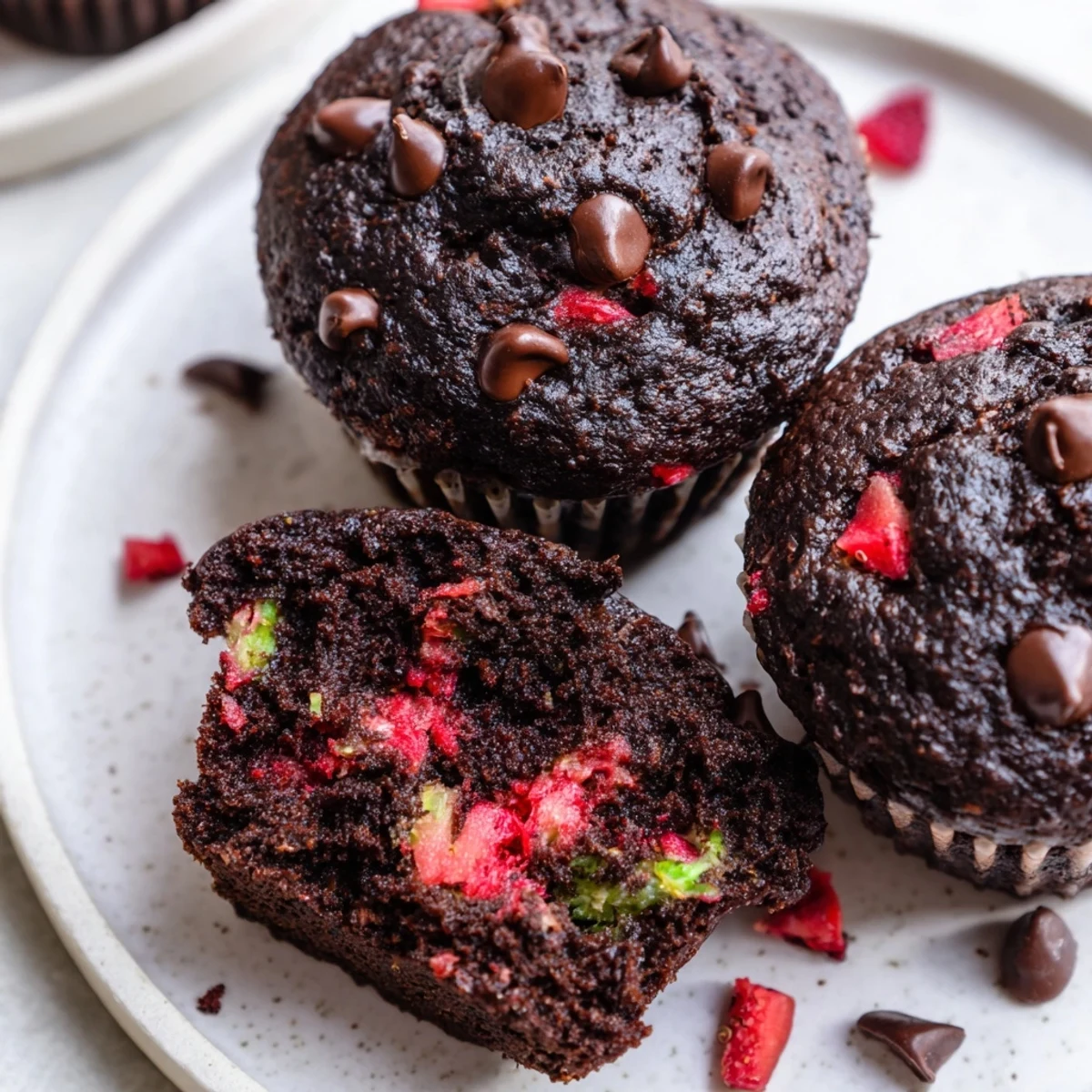 Tender chocolate zucchini strawberry muffins topped with melted chocolate chips served on a rustic plate