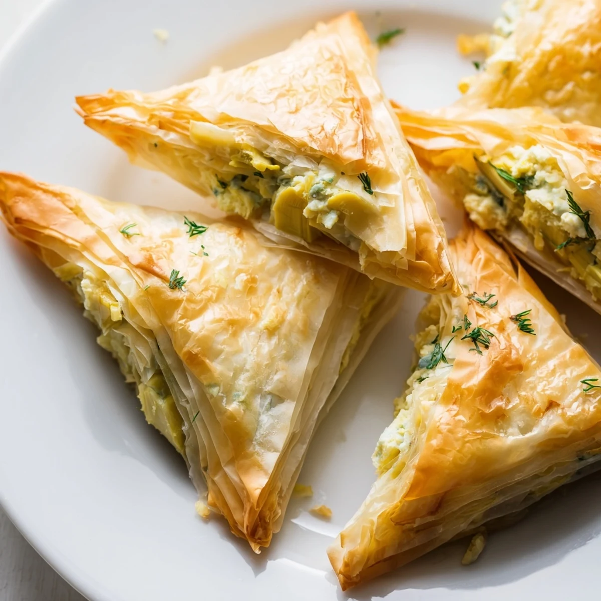 Crispy artichoke and Graviera filo puffs arranged on parchment ready for baking