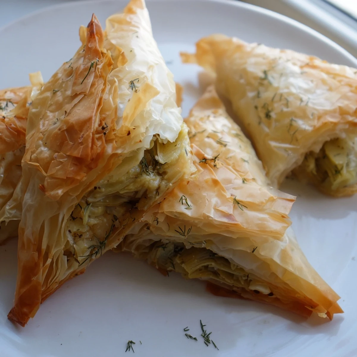 Golden artichoke and Graviera filo puffs with flaky layers and melted cheese filling