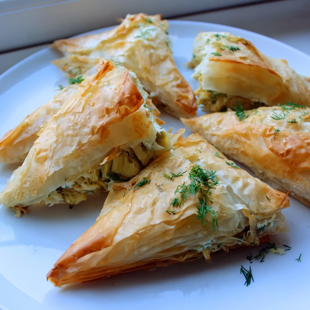 Warm artichoke and Graviera filo puffs with crisp phyllo triangles oozing cheesy filling